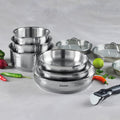 Set of 3 Stainless Steel Saucepans + 3 Frying Pans + 1 Removable Handle + 3 Colander Lids with Stainless Steel Handle - Silver