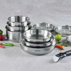 Set of 3 Stainless Steel Saucepans + 3 Frying Pans + 1 Removable Handle + 3 Colander Lids with Stainless Steel Handle - Silver