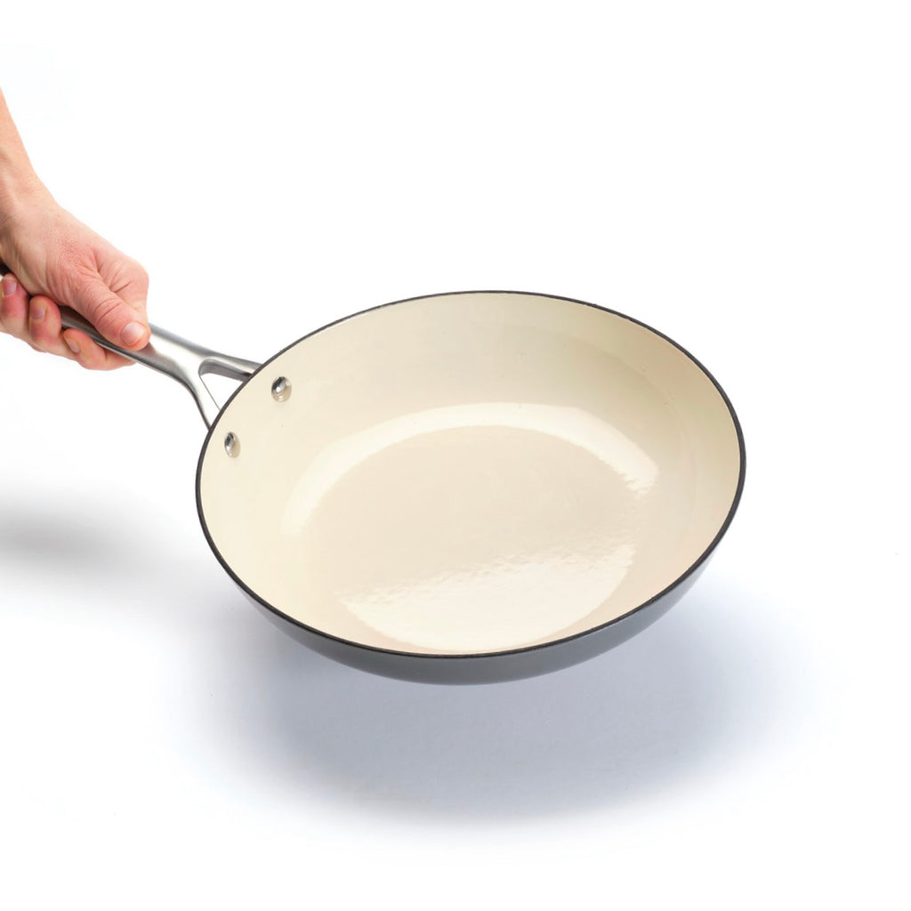 Set of 3 Enameled Cast Iron Frying Pans with Stainless Steel Handle - Dark Grey/Cream + Set of 3 Frying Pan Dividers - Dark/Cream + Black