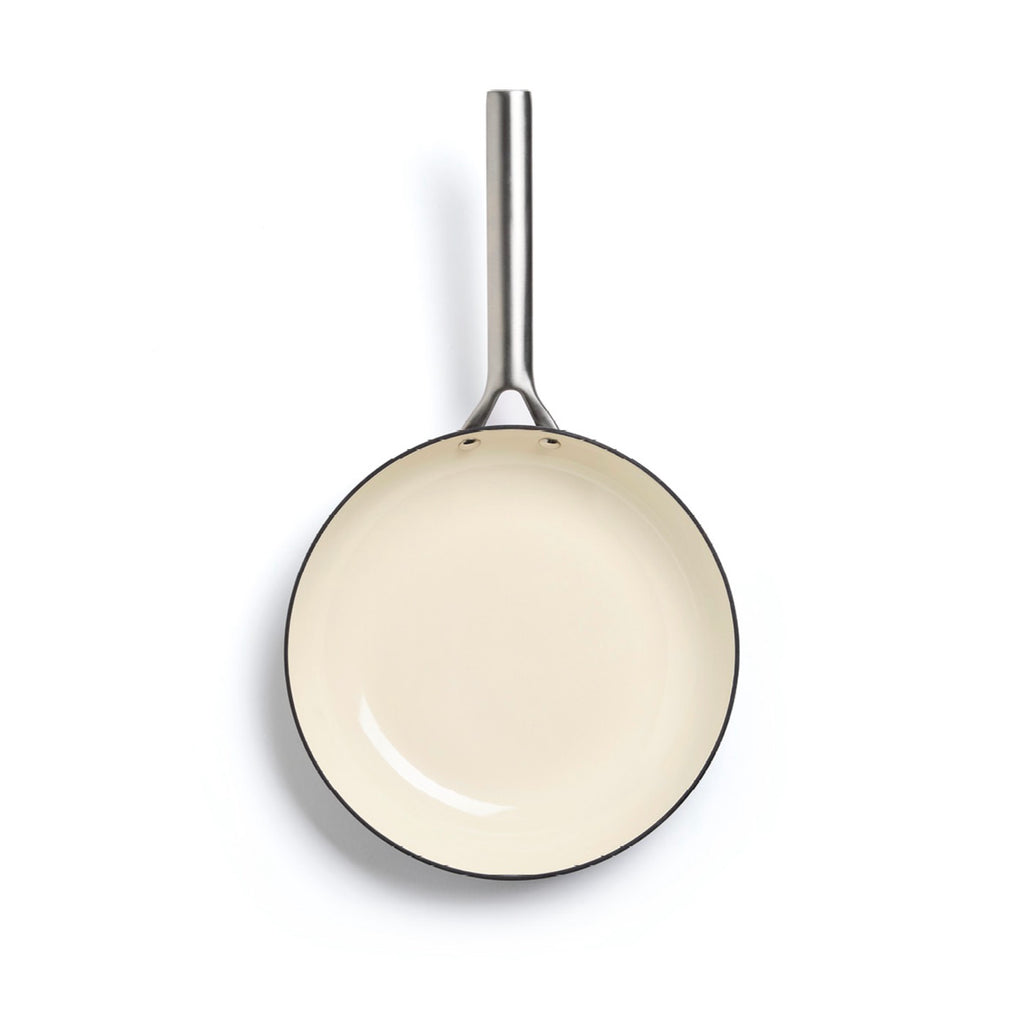 Set of 3 Enameled Cast Iron Frying Pans with Stainless Steel Handle - Dark Grey/Cream + Set of 3 Frying Pan Dividers - Dark/Cream + Black
