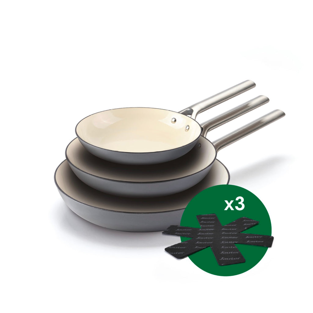 Set of 3 Enameled Cast Iron Frying Pans with Stainless Steel Handle - Dark Grey/Cream + Set of 3 Frying Pan Dividers - Dark/Cream + Black
