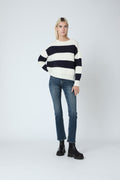 Berenice - Round Neck Striped Jumper With Studs - Off White / Navy