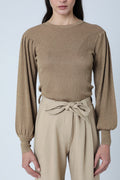 Round Neck Sweater with Puff Sleeves - Honey