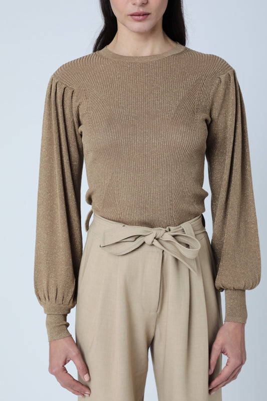 Round Neck Sweater with Puff Sleeves - Honey