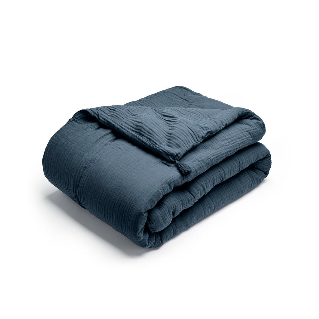 Cotton Gauze Eiderdown with Tassels - Plain Blue 14
