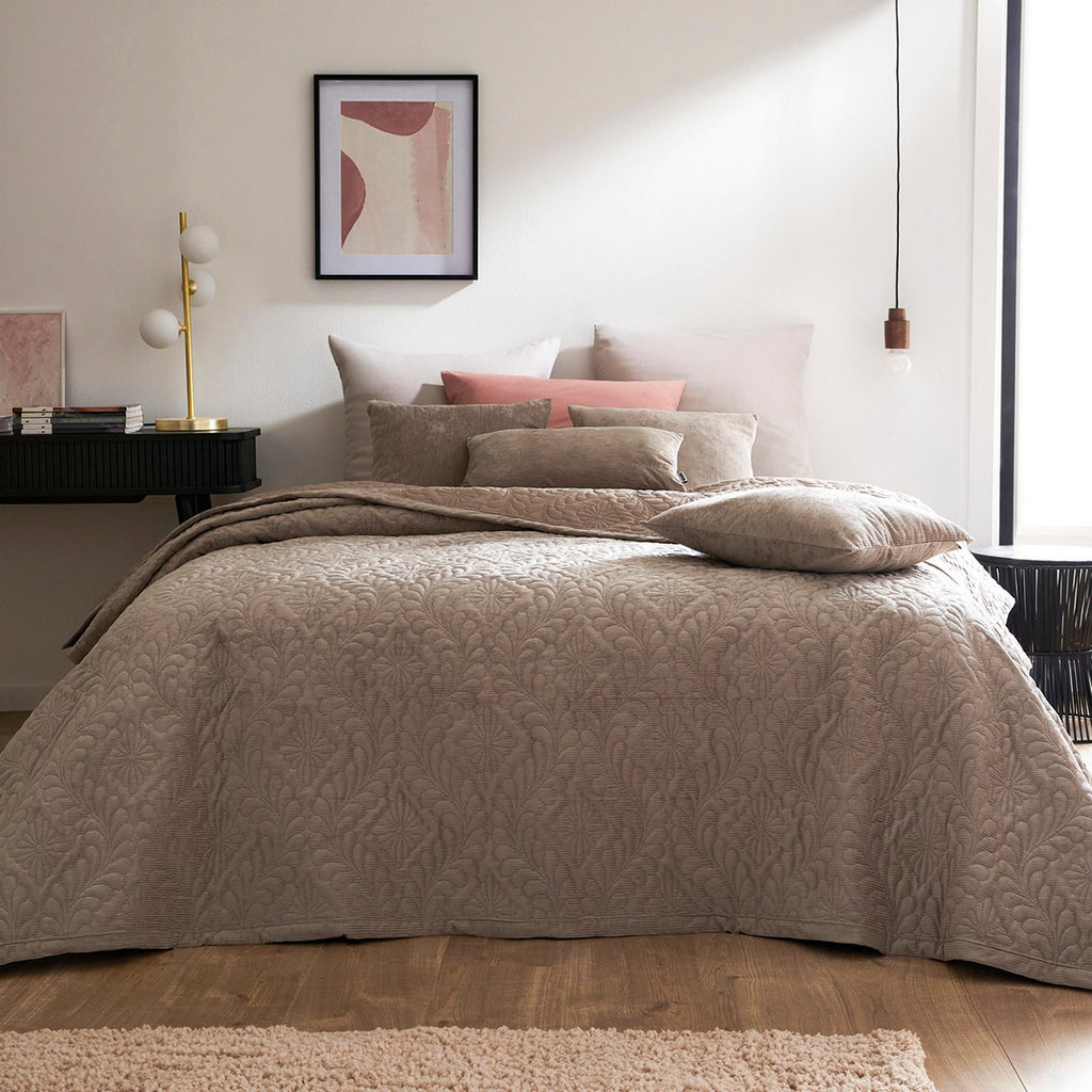 Sprei van ribfluweel - Flower Taupe