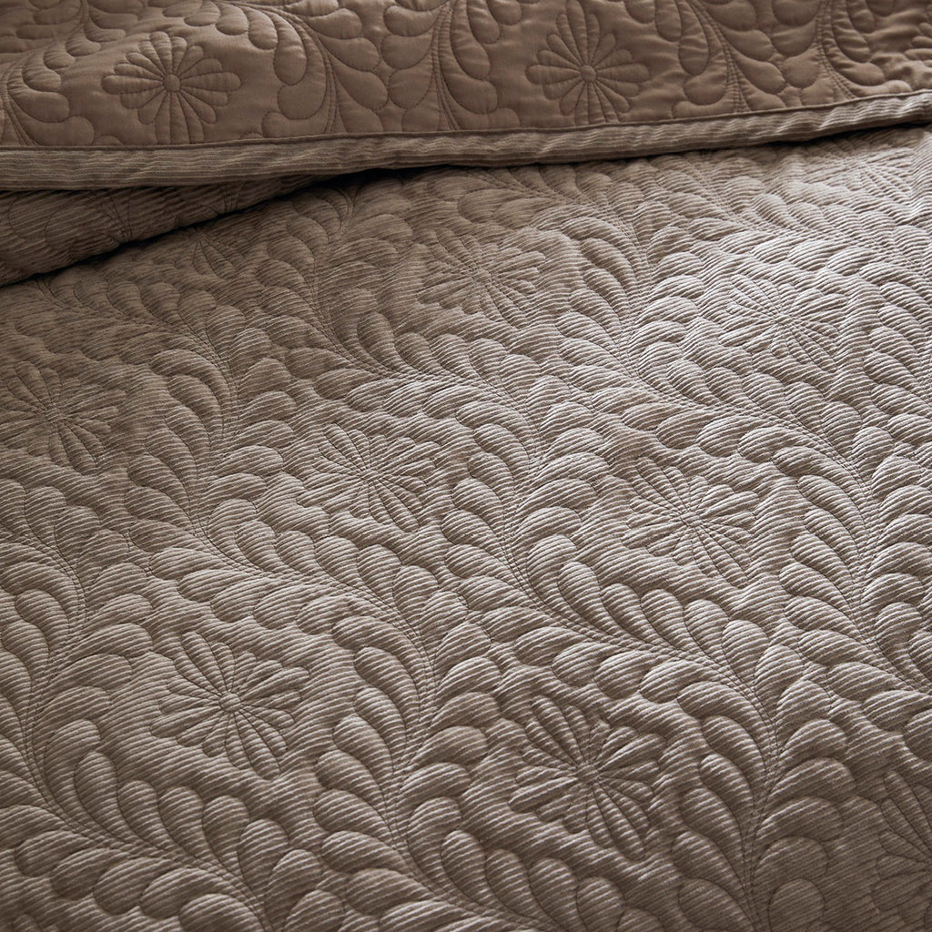Sprei van ribfluweel - Flower Taupe