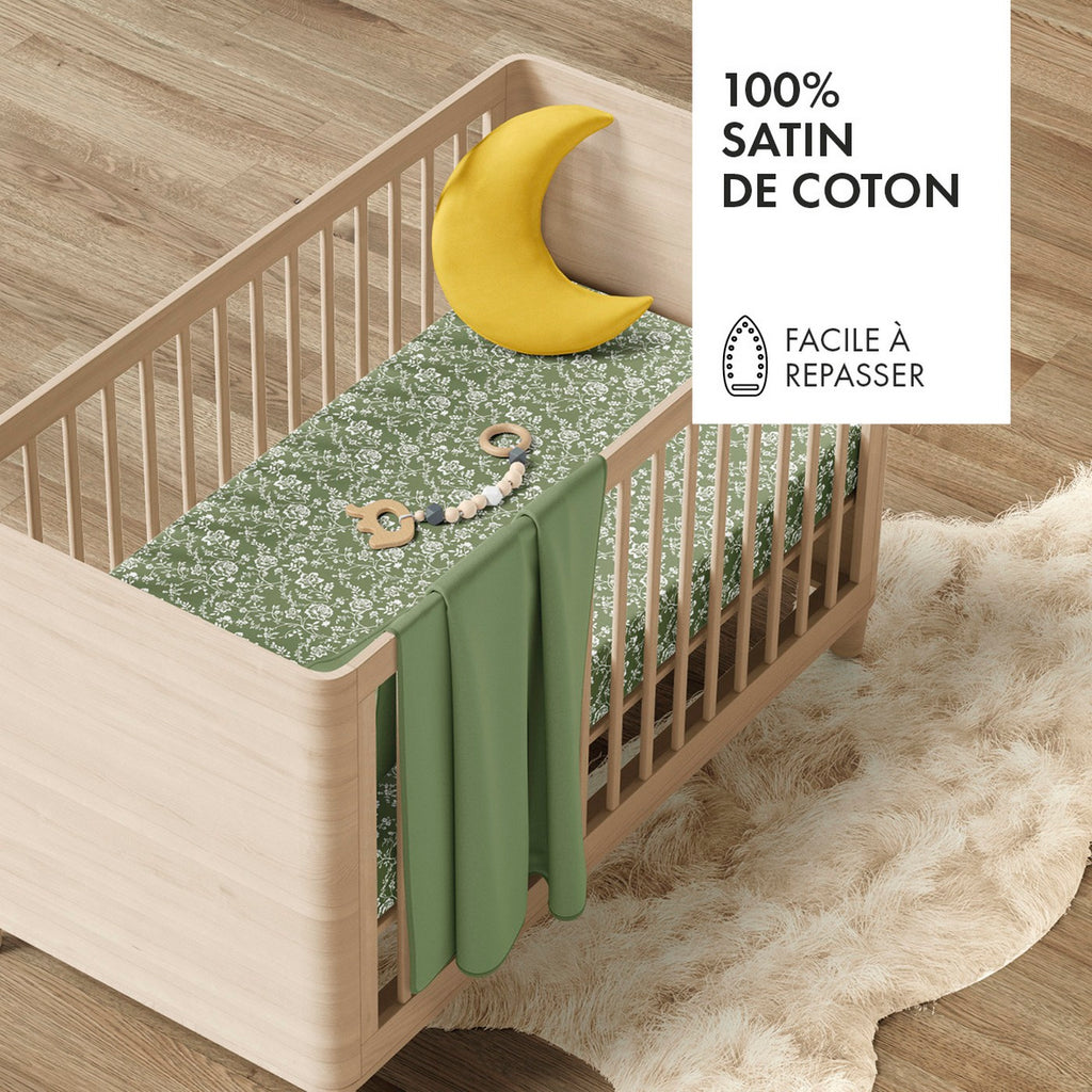 Drap Plat Bébé Satin De Coton - Fleurs Vert