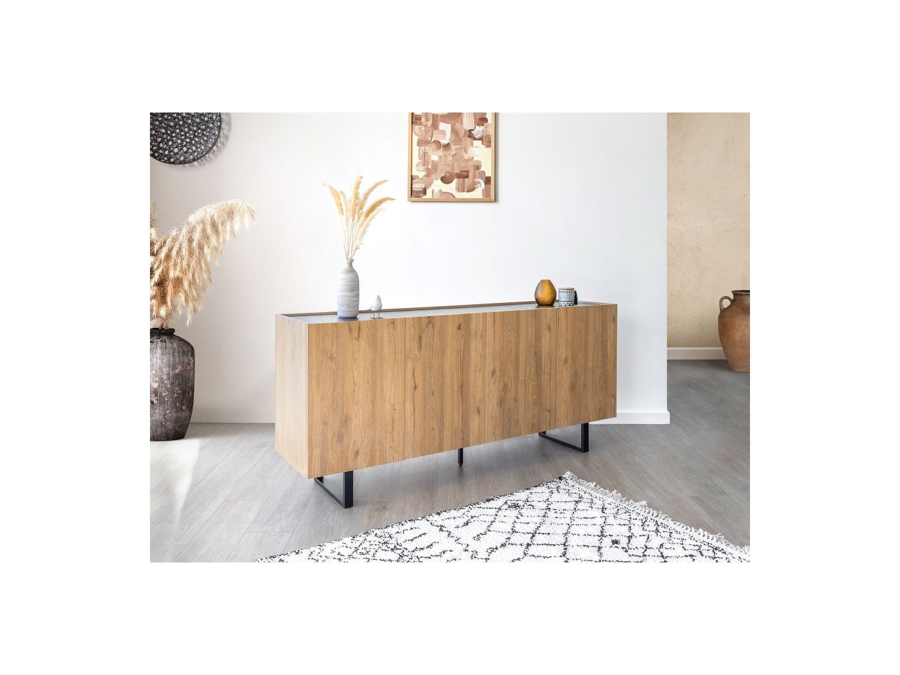 Opera - Low 4-Door Sideboard - Oak Effect and Black Marble Imitation