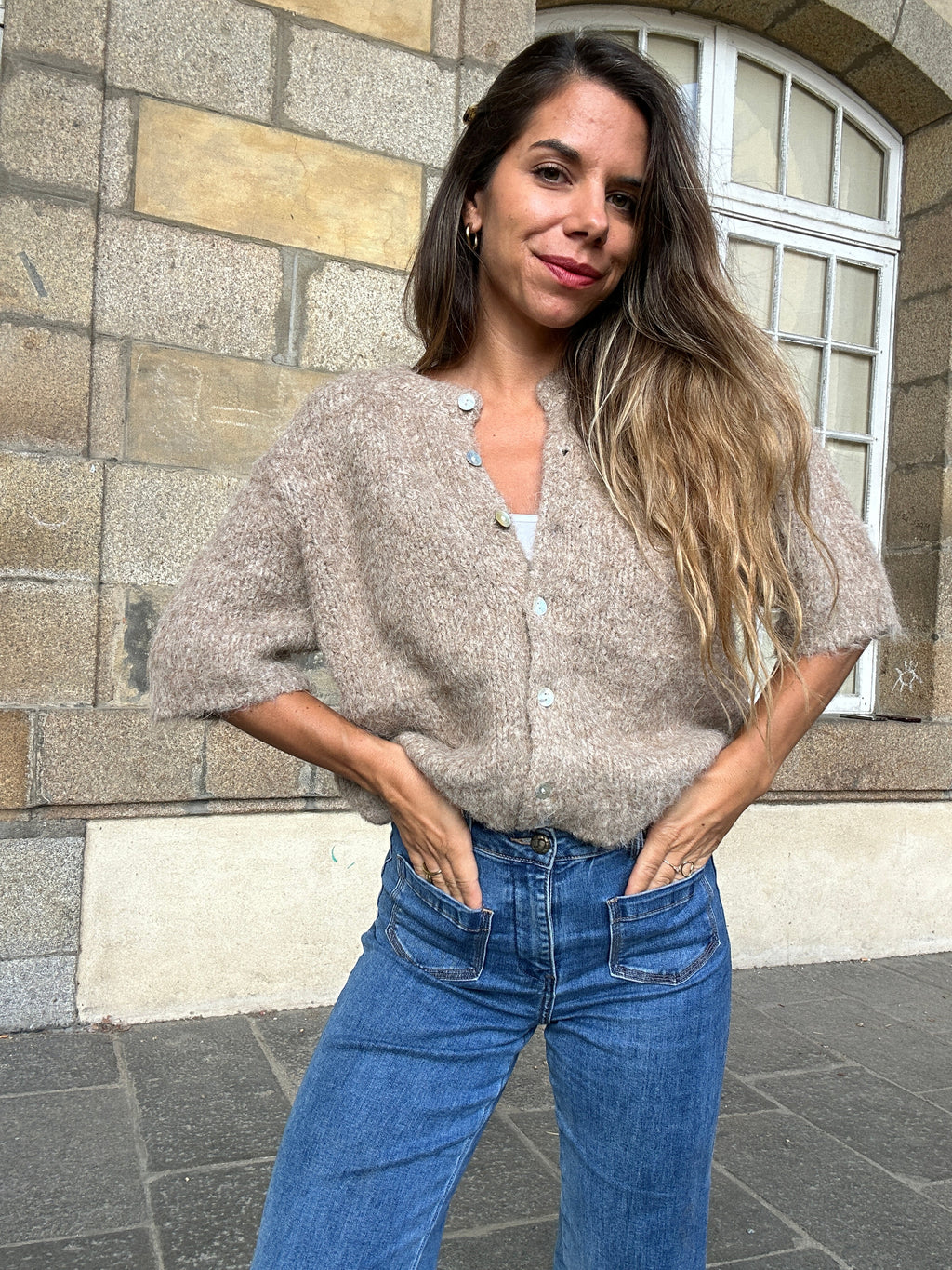 Elisa taupe short-sleeved knit