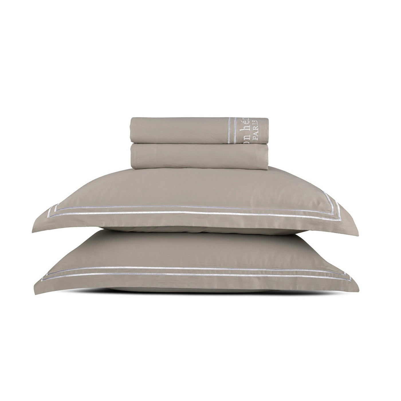 Paris - Ensemble De Draps - Satin De Coton - Blanc / Taupe