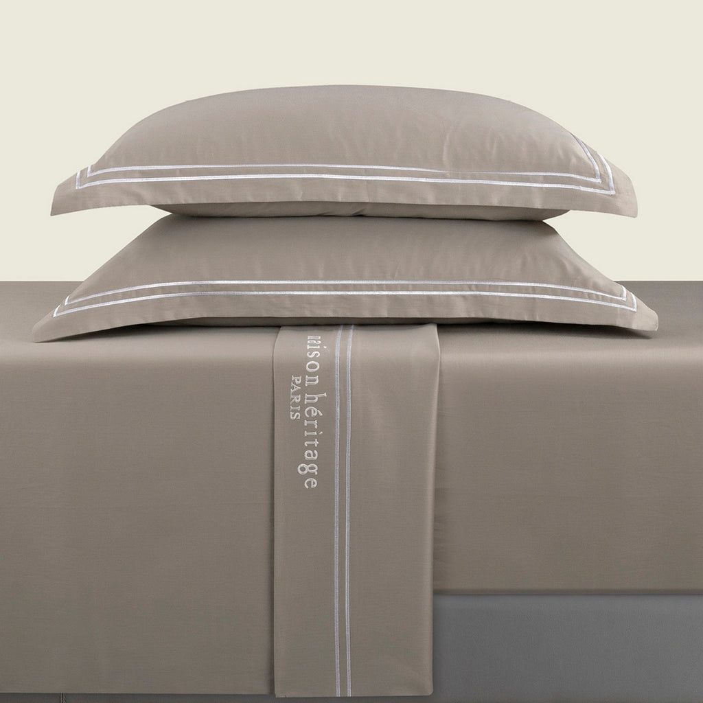 Paris - Ensemble De Draps - Satin De Coton - Blanc / Taupe