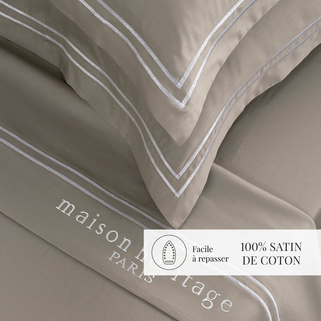 Paris - Ensemble De Draps - Satin De Coton - Blanc / Taupe