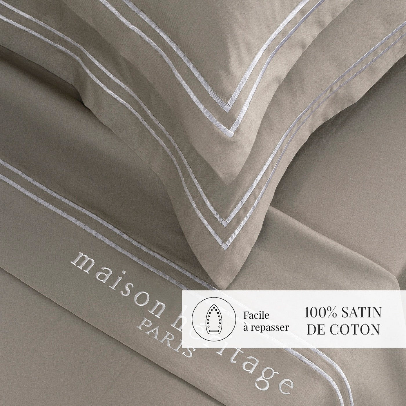 Paris - Ensemble De Draps - Satin De Coton - Blanc / Taupe