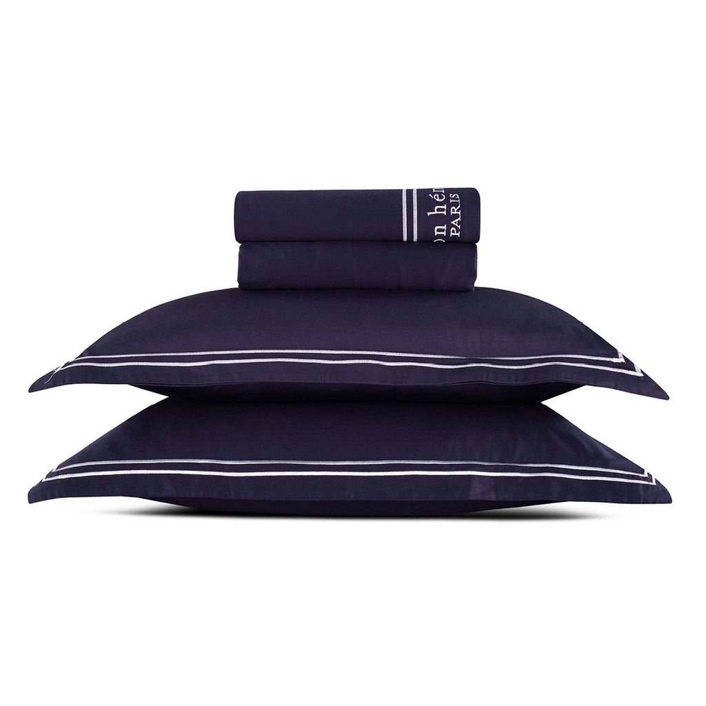 Paris - Ensemble De Draps - Satin De Coton - Blanc / Bleu Foncé