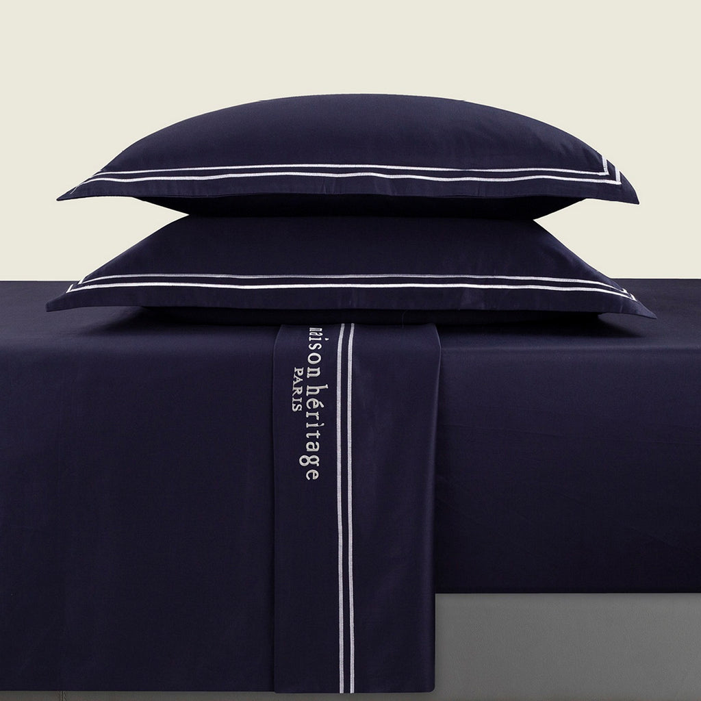 Paris - Ensemble De Draps - Satin De Coton - Blanc / Bleu Foncé