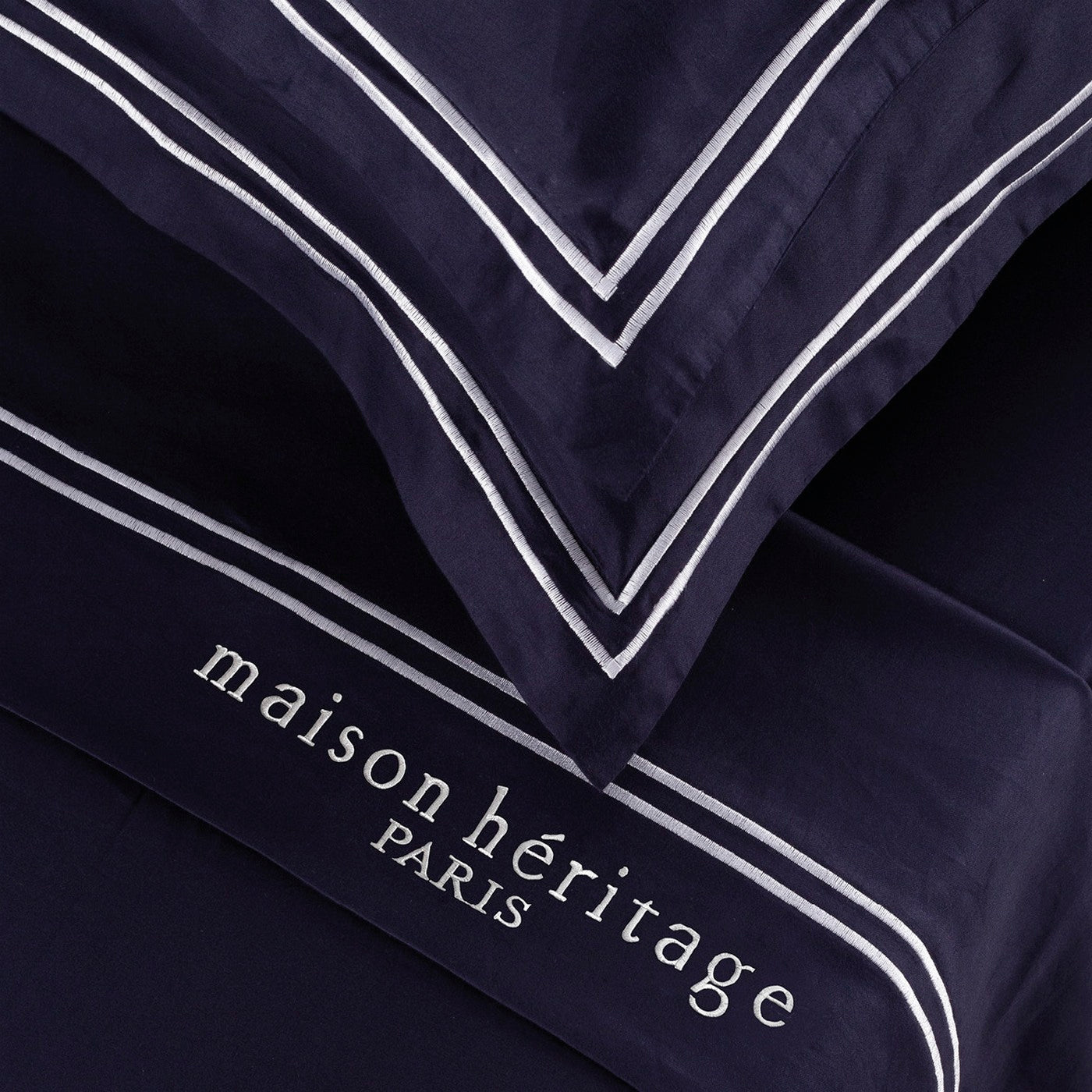 Paris - Ensemble De Draps - Satin De Coton - Blanc / Bleu Foncé