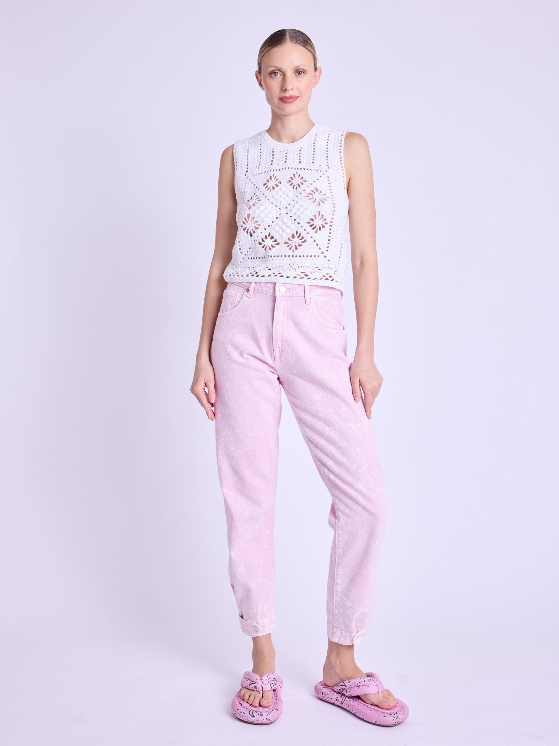 Crochet Round Neck Tank Top - Off-White