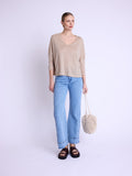 3/4 Sleeve V-Neck Tshirt - Beige