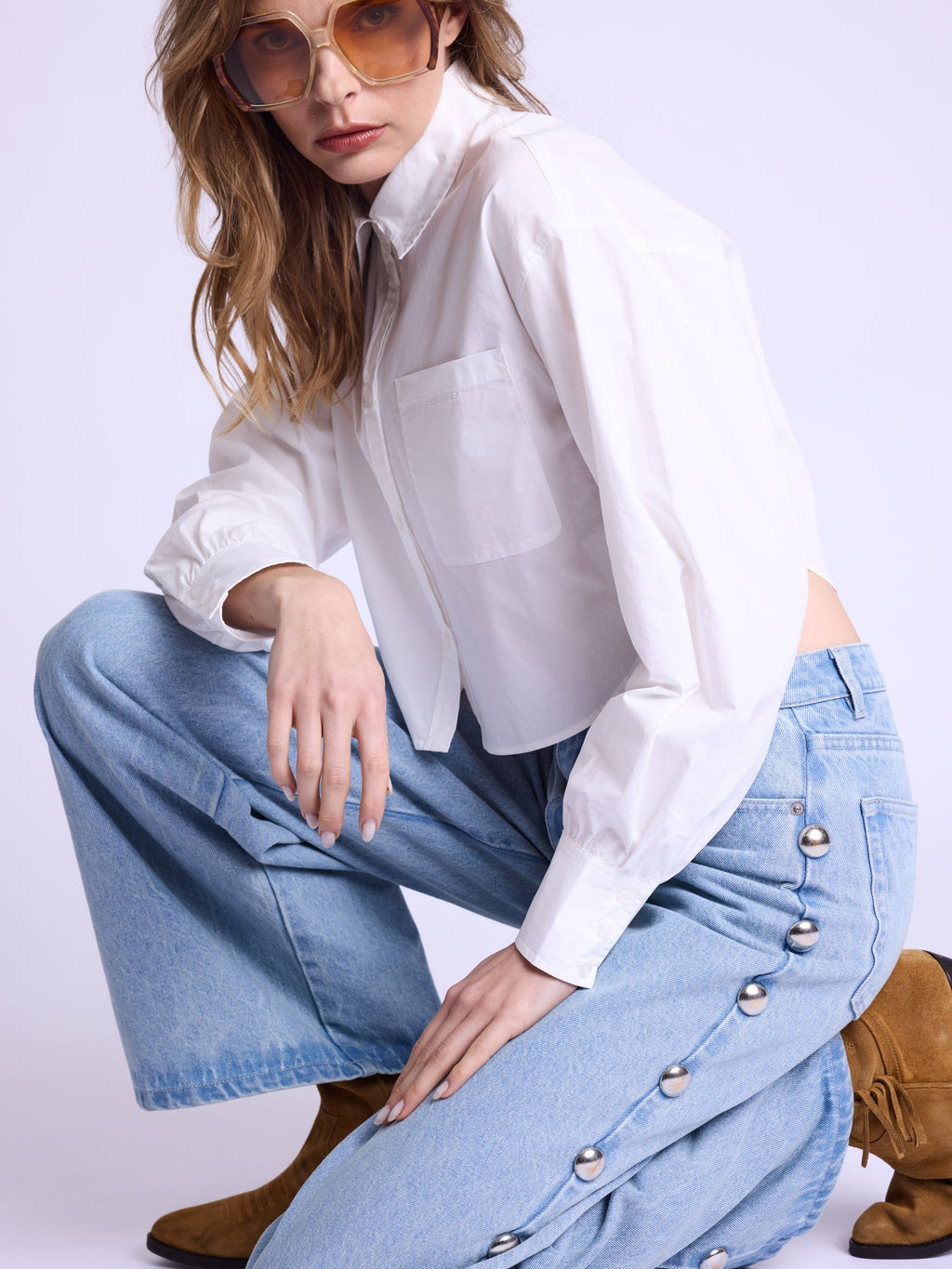 Berenice - Pantalon Flare Gros Clous Cote - Denim-Blue