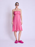 Long Collarless Dress - Dahlia-Pink-Print