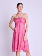 Long Collarless Dress - Dahlia-Pink-Print