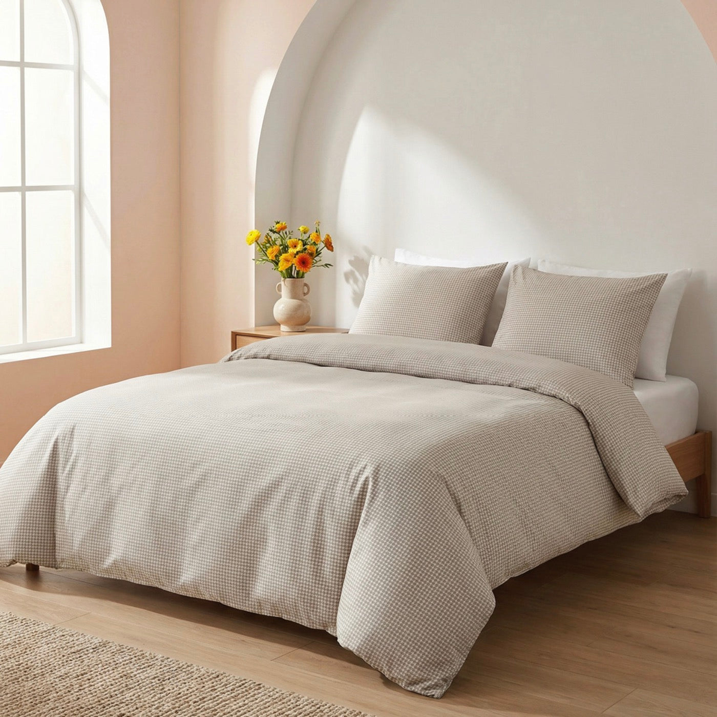 Cotton Satin Pillowcase - Houndstooth - Taupe