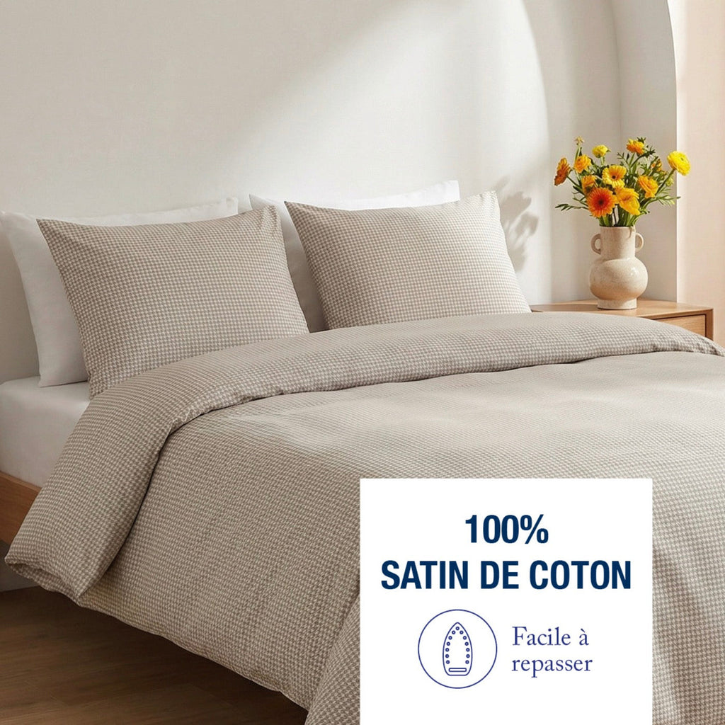 Cotton Satin Pillowcase - Houndstooth - Taupe