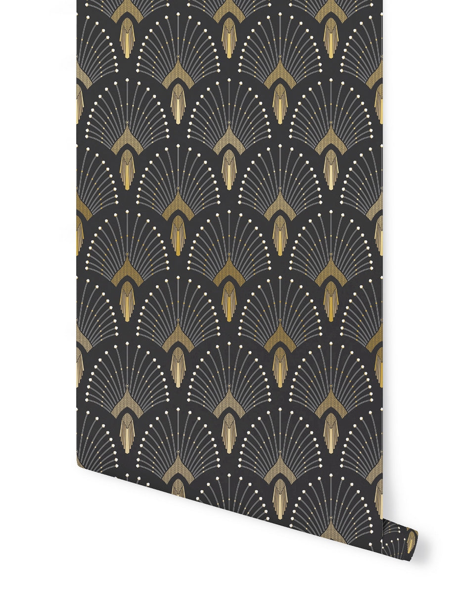 Rollo de Papel Pintado 1925 - Gris Oscuro Antracita Dorado
