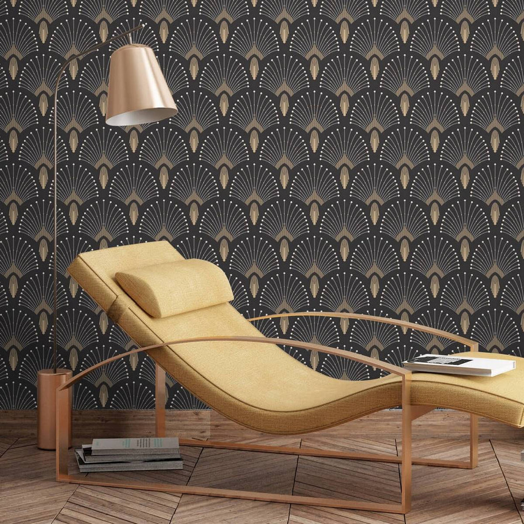 Rollo de Papel Pintado 1925 - Gris Oscuro Antracita Dorado