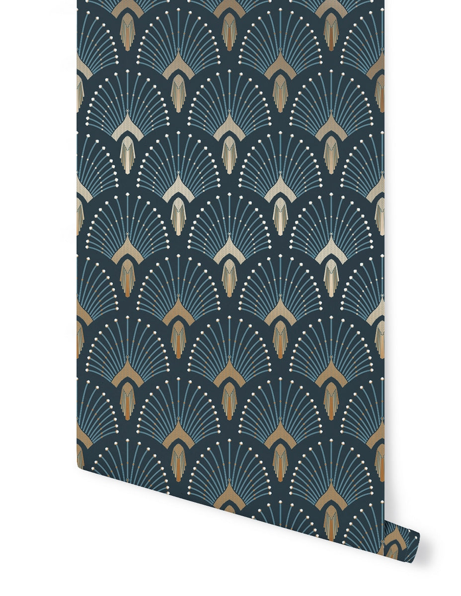 Rollo de Papel Pintado 1925 - Azul Oscuro Dorado