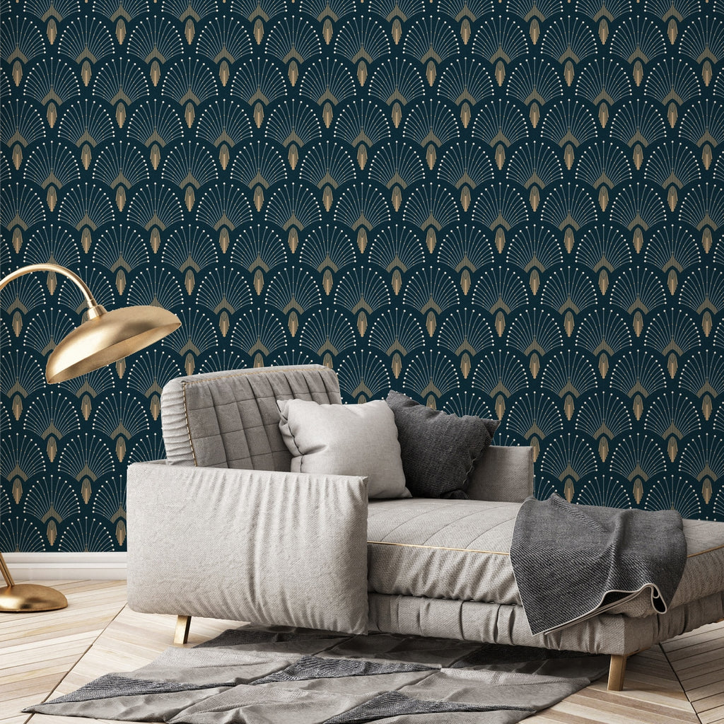 Rollo de Papel Pintado 1925 - Azul Oscuro Dorado