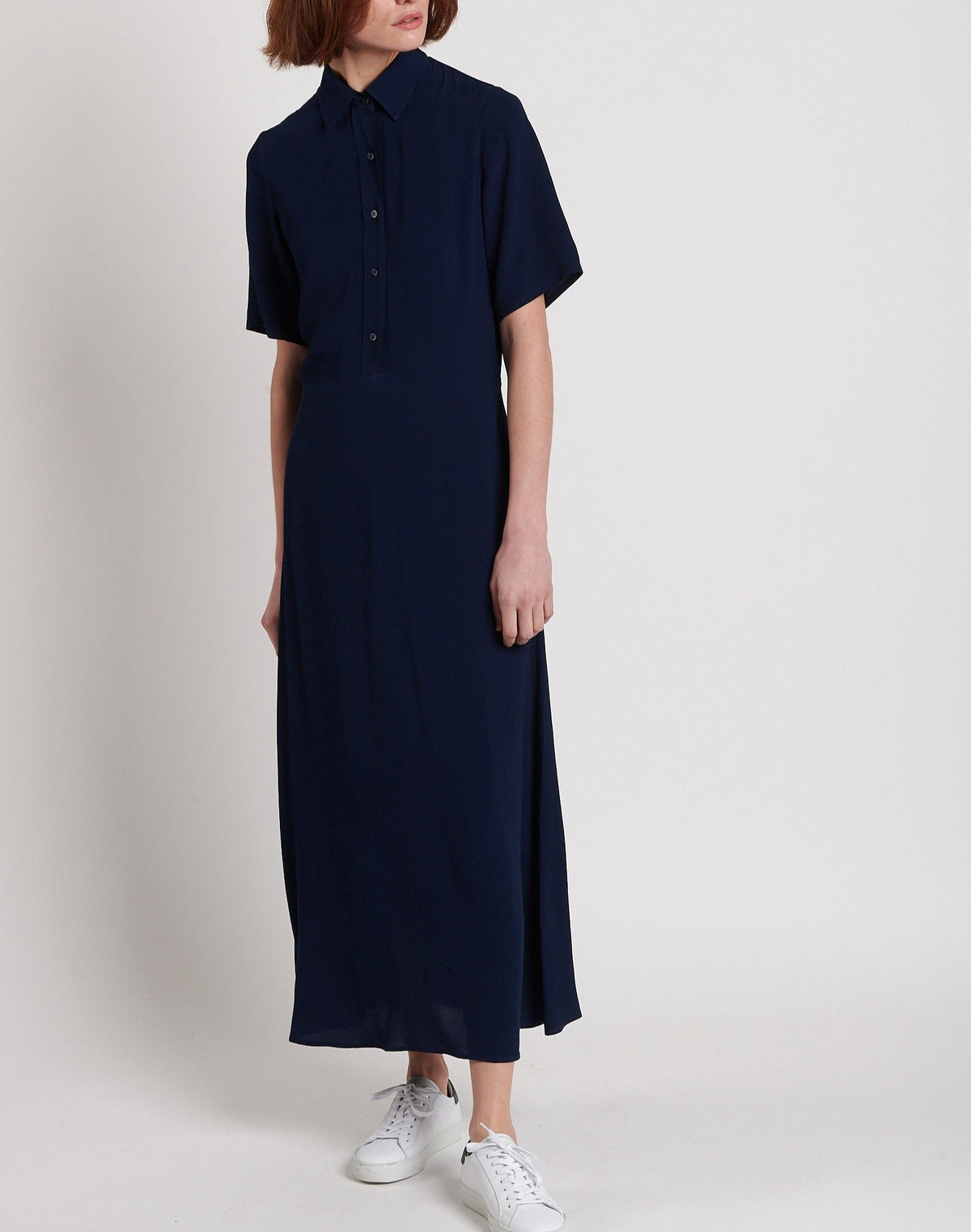 Lange Doorknoopjurk Korte Mouwen - Marineblauw - Dames