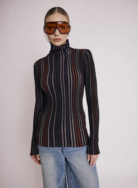 Berenice - Pull Col Roule Rayures Lurex - Noir Multico
