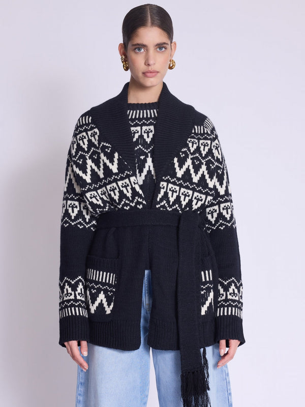 Berenice - Cardigan Ceinture Jacquarond - Noir Forest