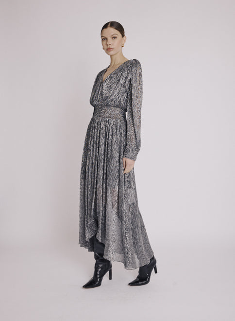 Vestido largo con cintura fruncida - Plata