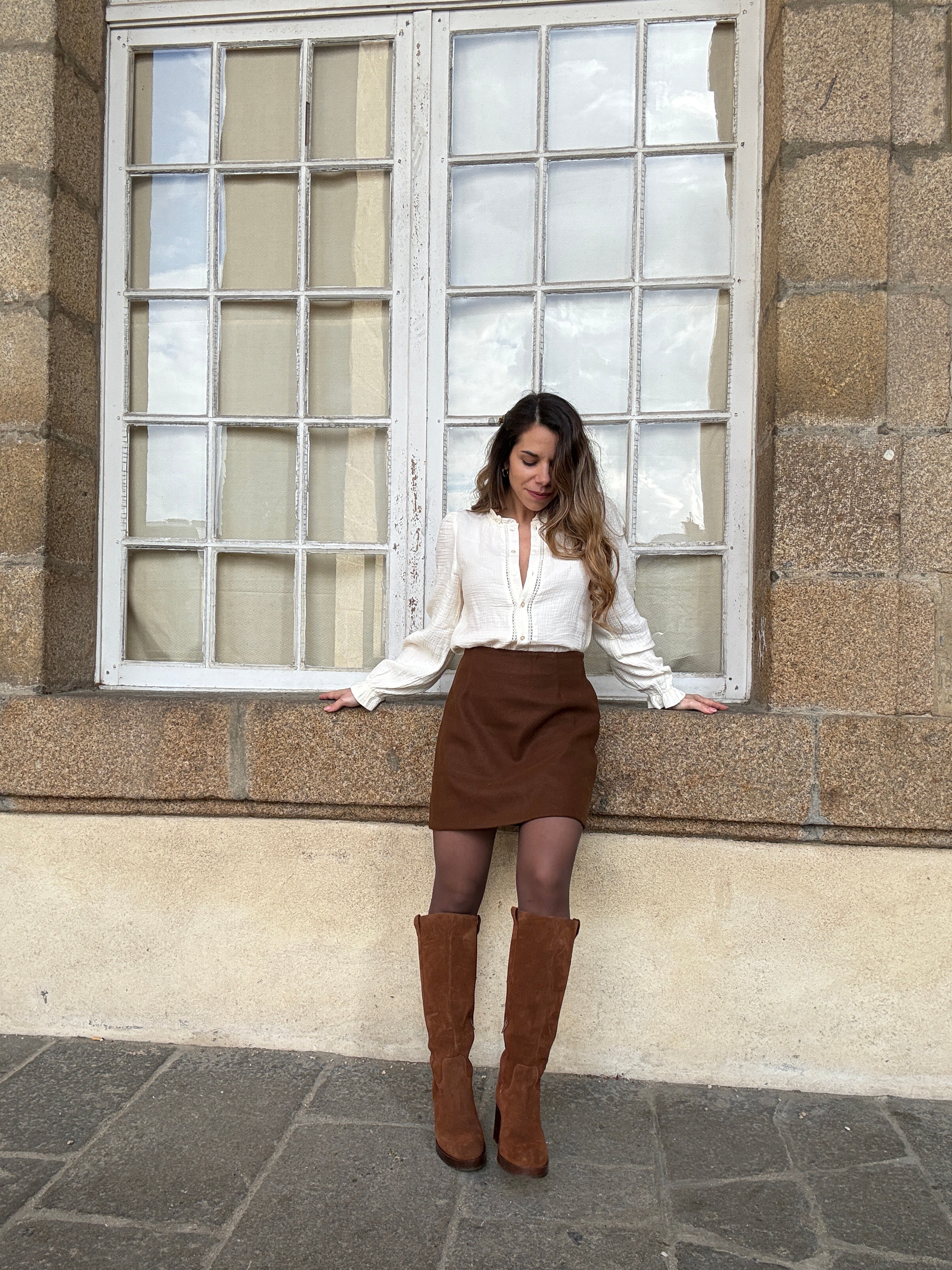 Lou chocolate wool-effect skirt