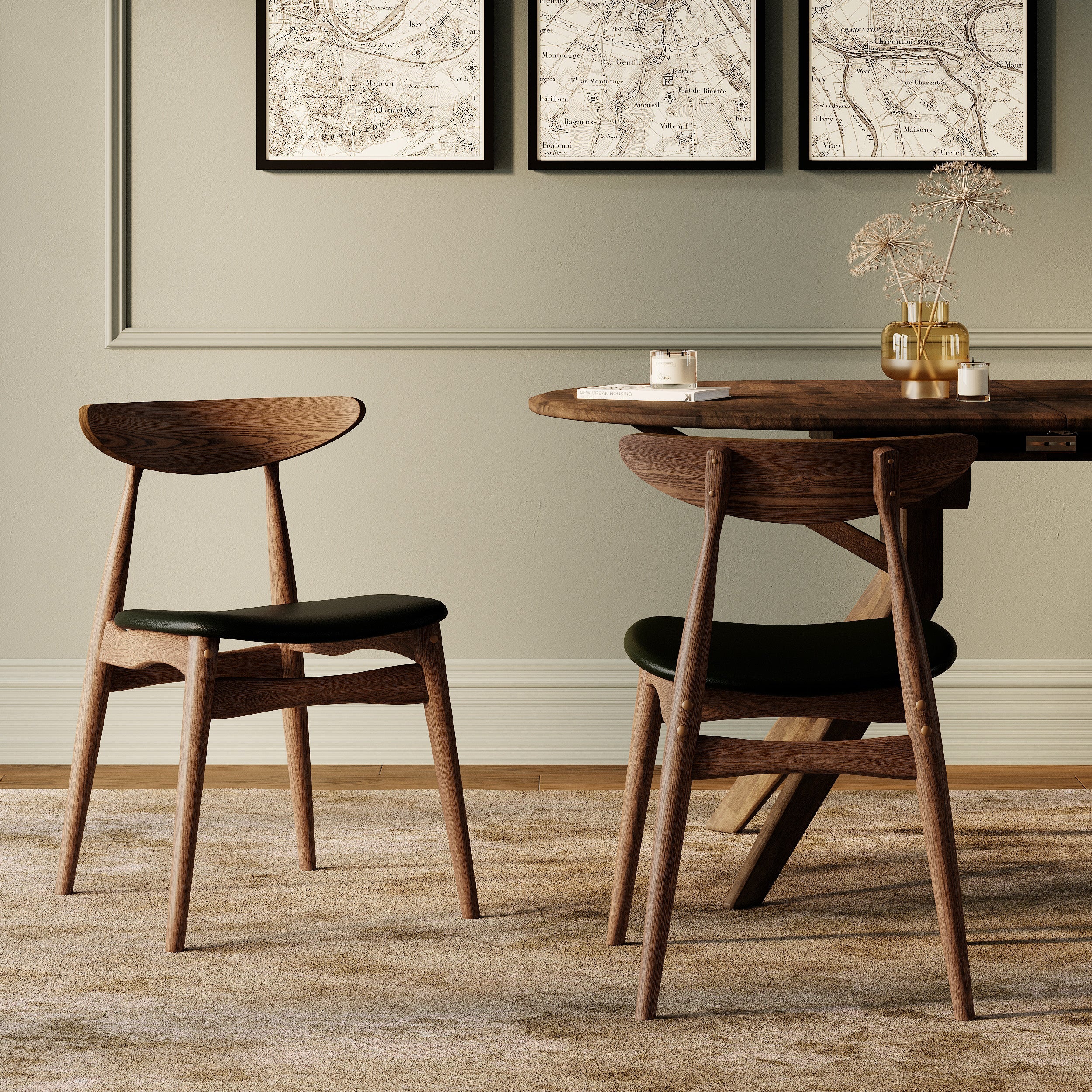 Josette - Set of 2 Chairs in Black Synthetic Leather and Rubberwood