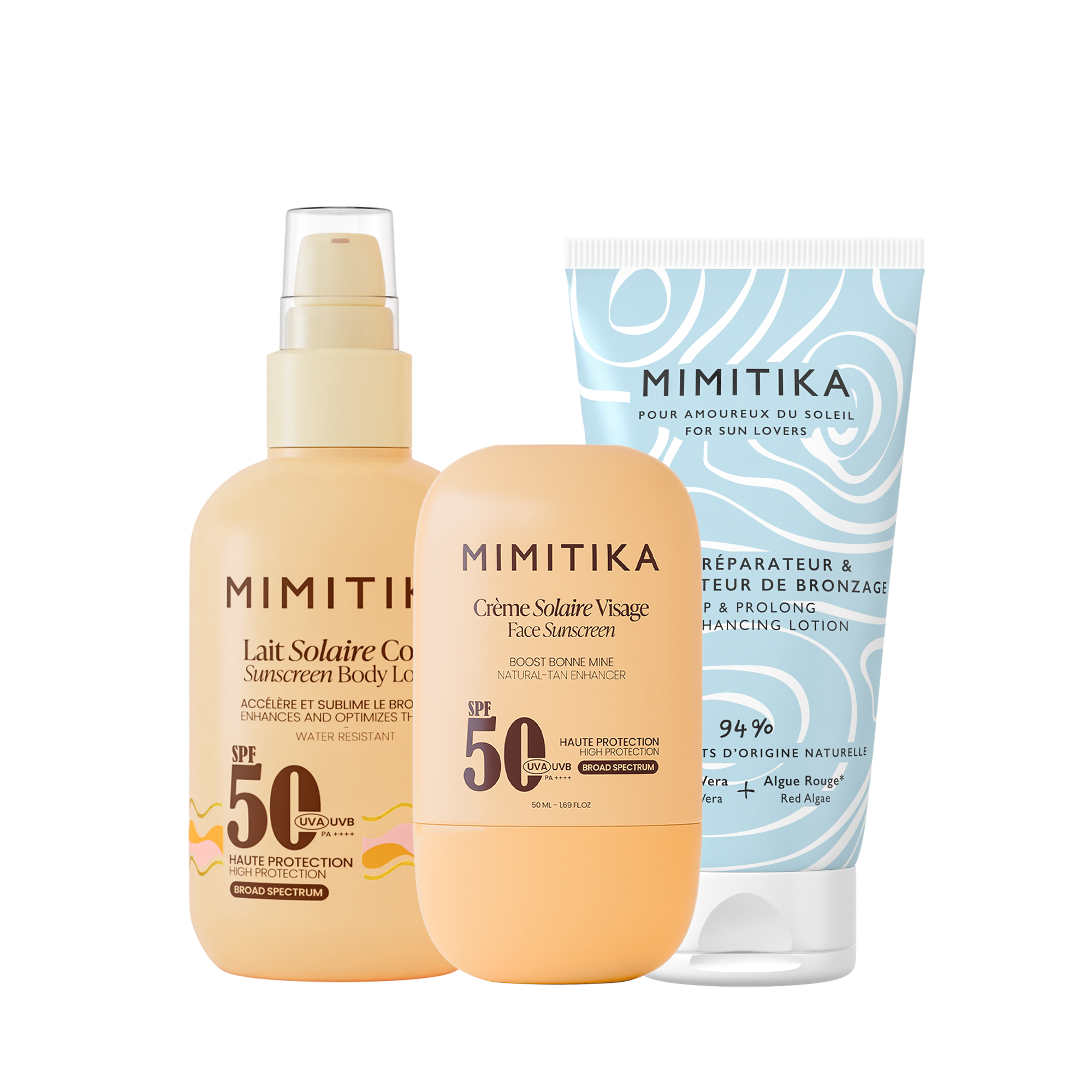 TRIO Lait solaire SPF50 + Crème visage SPF50 + Lait Prolongateur de Bronzage