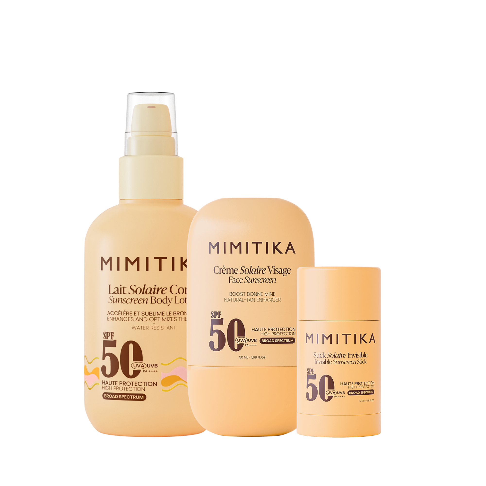 Trio Crème Visage SPF50 + Lait Solaire SPF50 + Stick Solaire SPF50