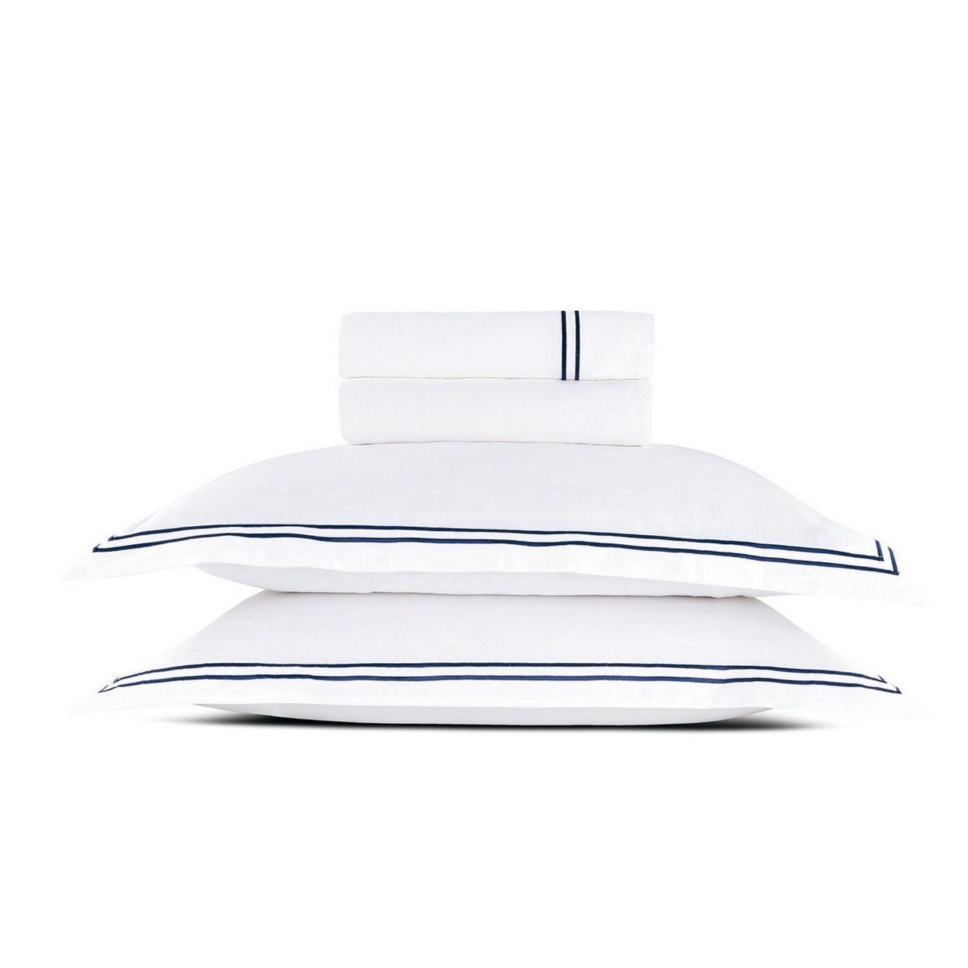Annecy - Ensemble De Draps - Satin De Coton - Bleu Foncé / Blanc