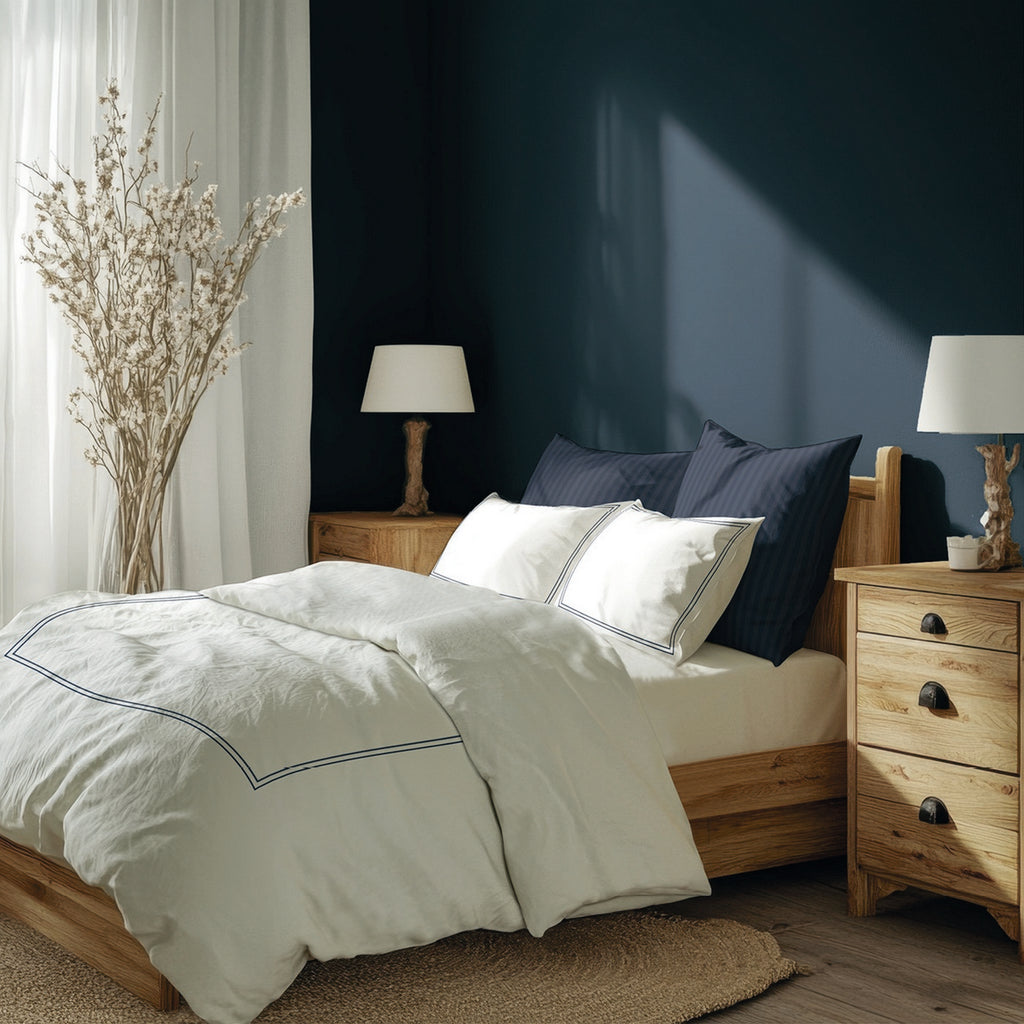 Annecy - Ensemble De Draps - Satin De Coton - Bleu Foncé / Blanc