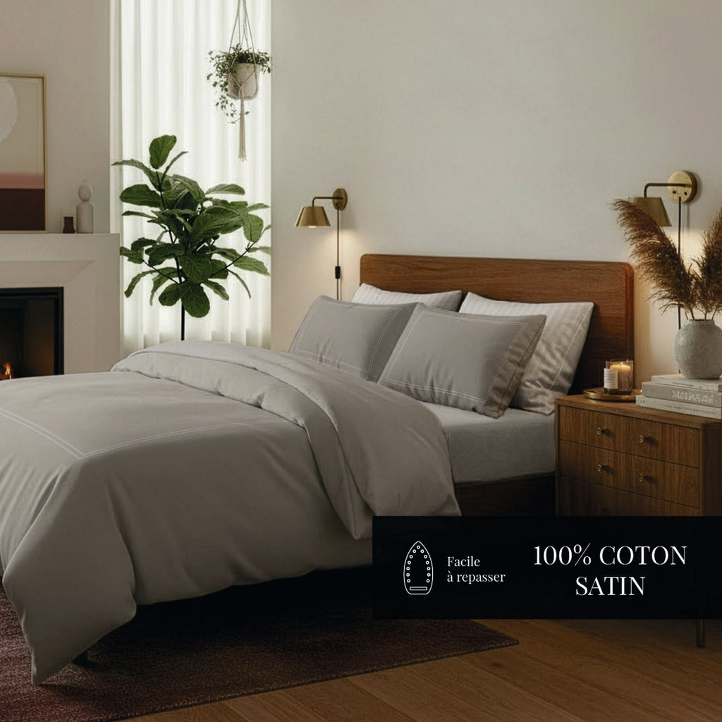 Annecy - Housse De Couette + Taie D'Oreiller - Satin De Coton - Taupe / Taupe