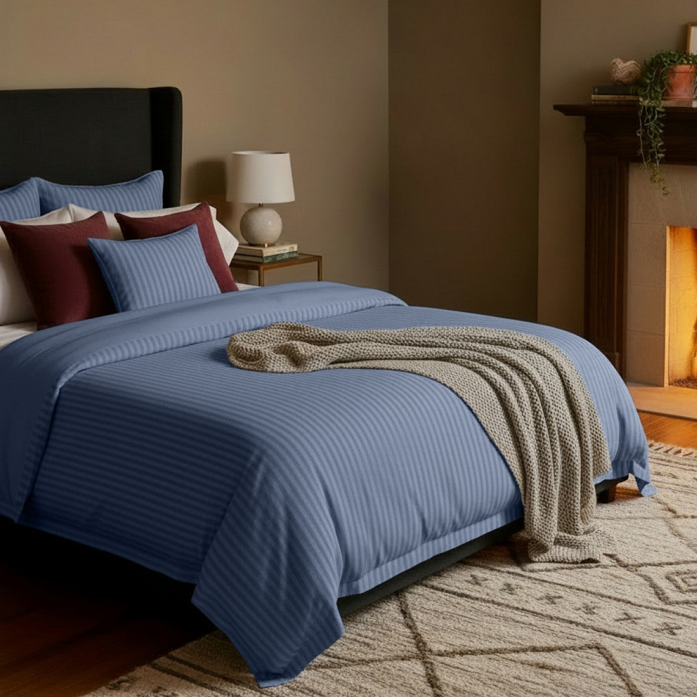 Dobby Stripe Woven Sheet Set - Drap Plat - Satin De Coton - Bleu 06