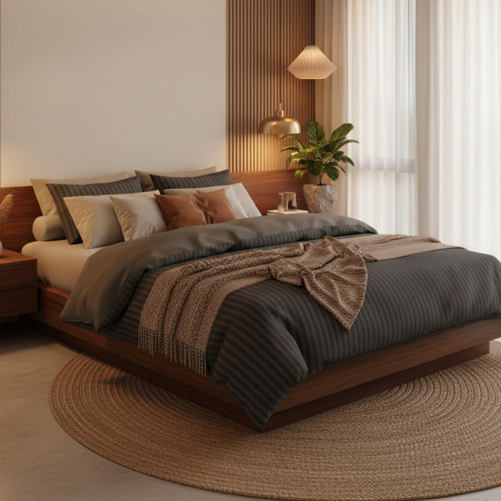 Dobby Stripe Woven Sheet Set - Drap Plat - Satin De Coton - Gris 02