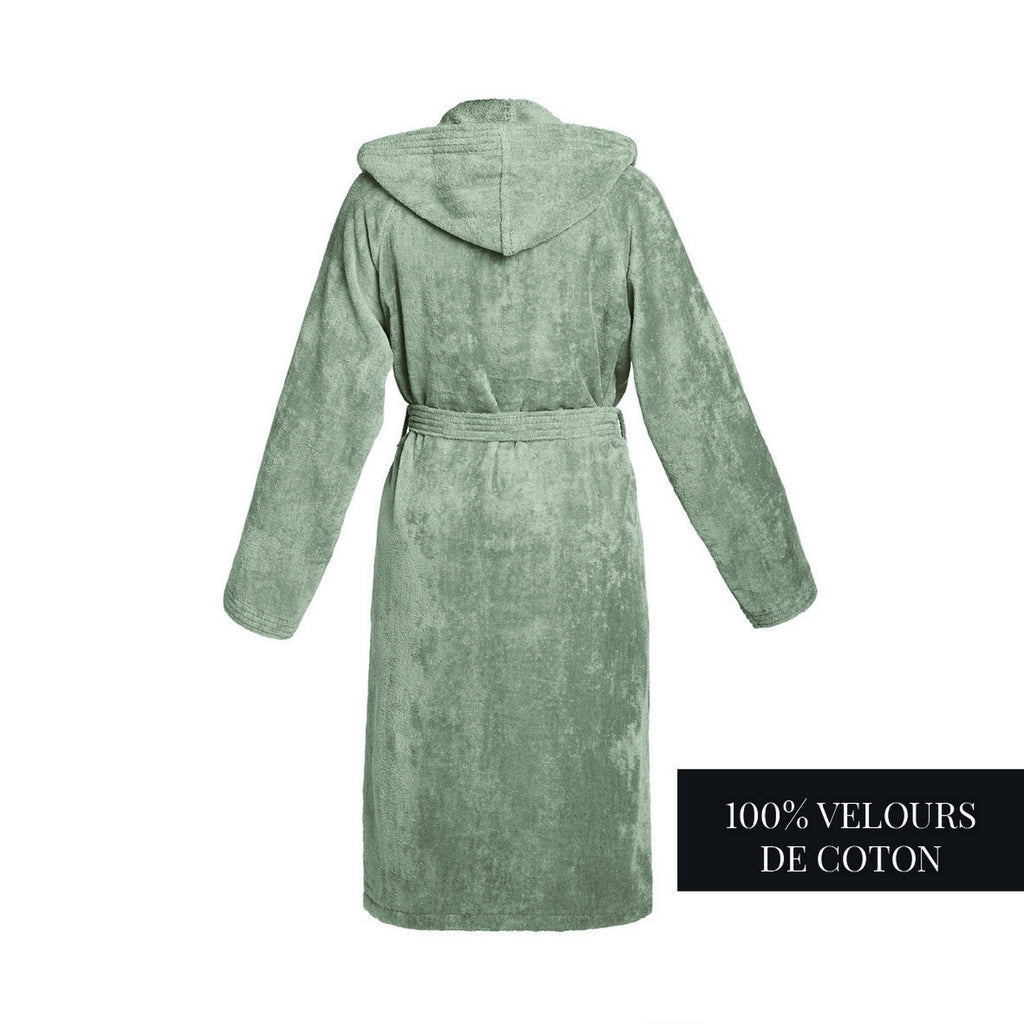 Uni - Peignoir Coton Velours Avec Capuche - Vert Sauge