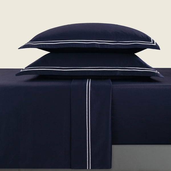 Biarritz - Ensemble De Draps - Satin De Coton - Blanc / Bleu Fonce