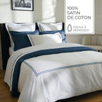 Biarritz - Juego de 2 Fundas de Almohada - Satén de Algodón - Azul Oscuro / Blanco