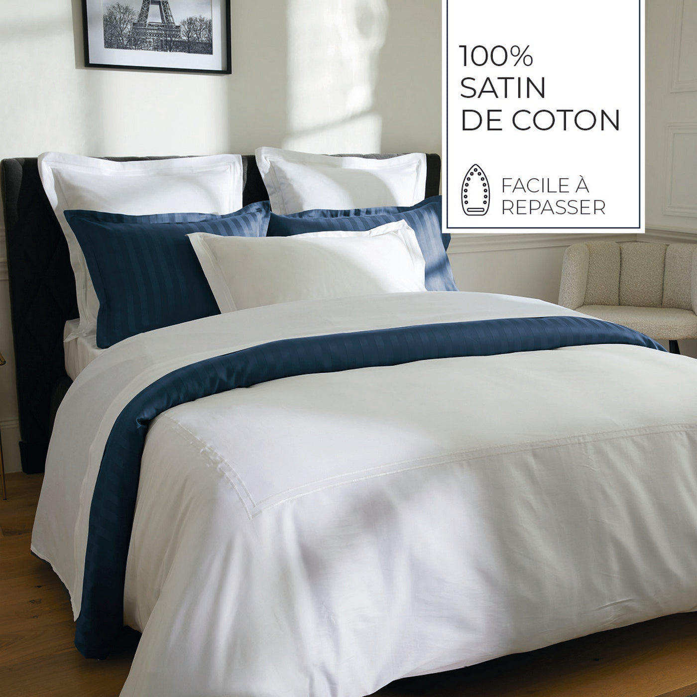 Biarritz - Funda nórdica + 1 o 2 fundas de almohada - Satén de algodón - Blanco / Blanco