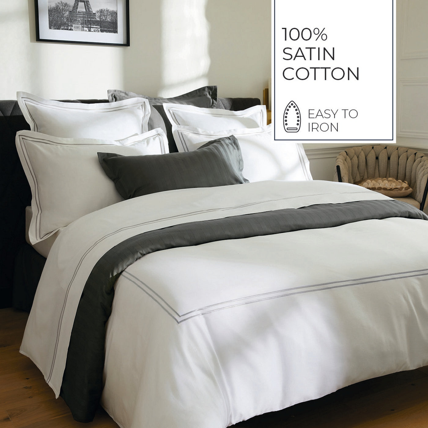 Biarritz - Duvet Cover + 1 Or 2 Pillowcase(s) - Cotton Satin - Gray / White